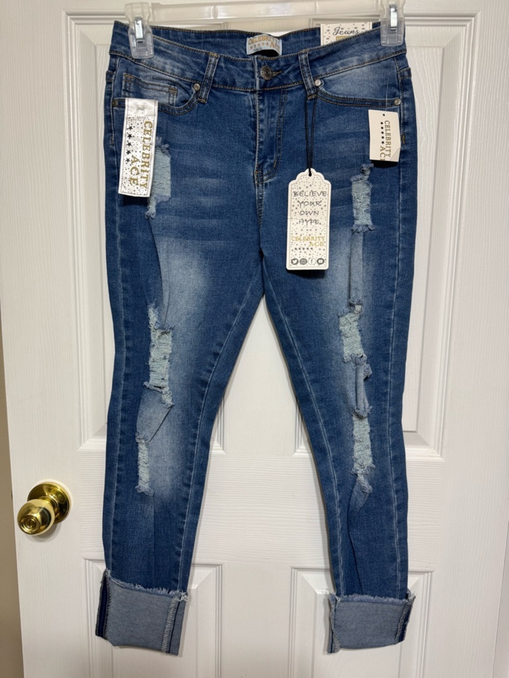Celebrity Ace Mid Rise Skinny Jeans Distressed Ankle Crop Ripped Cuff Hem 9/10